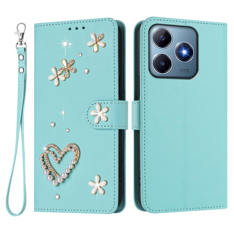 For Realme C63 4G Global / C61 4G Global ZS01 Double-Layer Heart Floral Vegan Leather Phone Case with Wrist Strap
