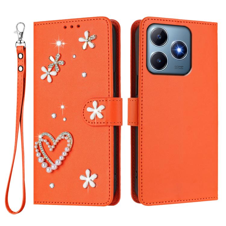 For Realme C63 4G Global / C61 4G Global ZS01 Double-Layer Heart Floral Vegan Leather Phone Case with Wrist Strap
