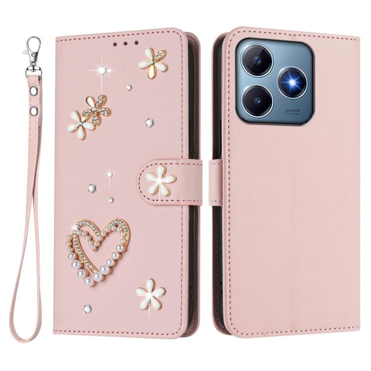 For Realme C63 4G Global / C61 4G Global ZS01 Double-Layer Heart Floral Vegan Leather Phone Case with Wrist Strap