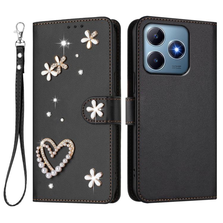 For Realme C63 4G Global / C61 4G Global ZS01 Double-Layer Heart Floral Vegan Leather Phone Case with Wrist Strap