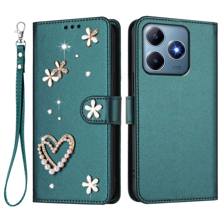 For Realme C63 4G Global / C61 4G Global ZS01 Double-Layer Heart Floral Vegan Leather Phone Case with Wrist Strap