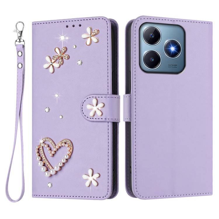 For Realme C63 4G Global / C61 4G Global ZS01 Double-Layer Heart Floral Vegan Leather Phone Case with Wrist Strap