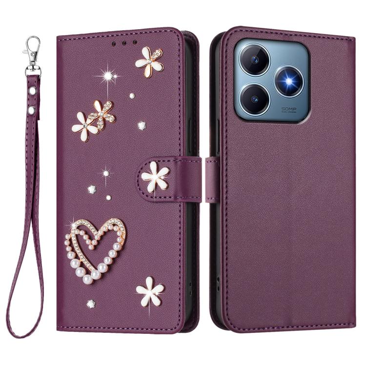 For Realme C63 4G Global / C61 4G Global ZS01 Double-Layer Heart Floral Vegan Leather Phone Case with Wrist Strap