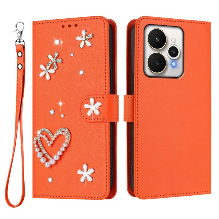 For Realme 15 5G Global / 15 Pro 5G Global ZS01 Double-Layer Heart Floral Vegan Leather Phone Case with Wrist Strap