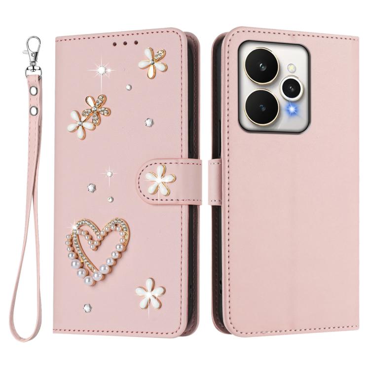For Realme 15 5G Global / 15 Pro 5G Global ZS01 Double-Layer Heart Floral Vegan Leather Phone Case with Wrist Strap