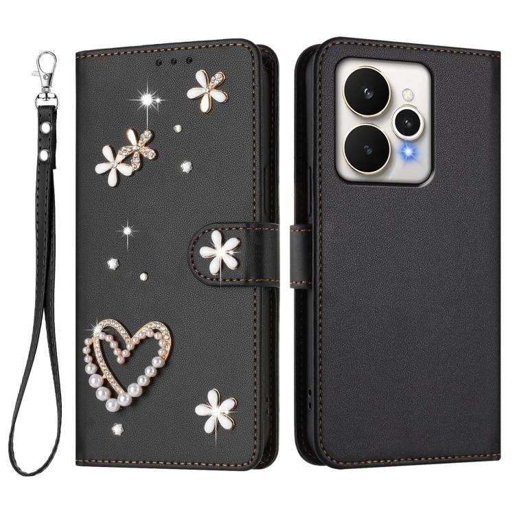 For Realme 15 5G Global / 15 Pro 5G Global ZS01 Double-Layer Heart Floral Vegan Leather Phone Case with Wrist Strap