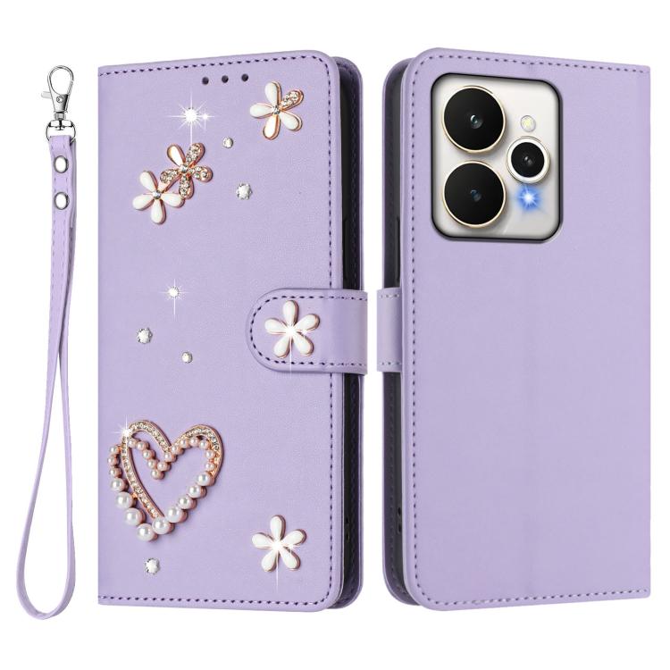 For Realme 15 5G Global / 15 Pro 5G Global ZS01 Double-Layer Heart Floral Vegan Leather Phone Case with Wrist Strap