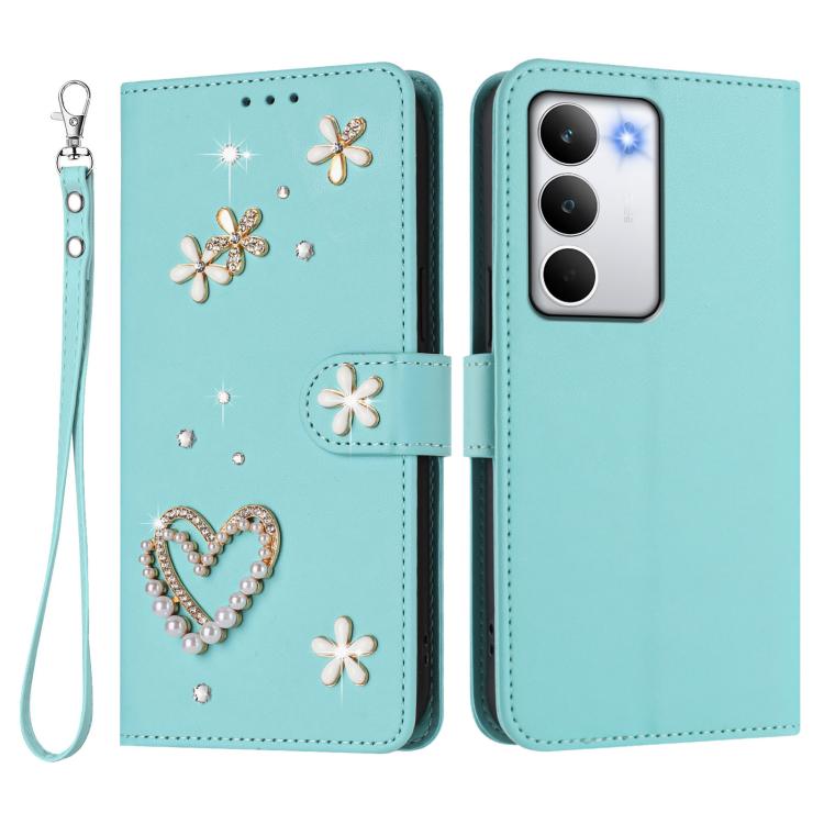 For Realme C71 4G Global ZS01 Double-Layer Heart Floral Vegan Leather Phone Case with Wrist Strap
