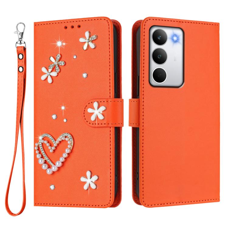 For Realme C71 4G Global ZS01 Double-Layer Heart Floral Vegan Leather Phone Case with Wrist Strap