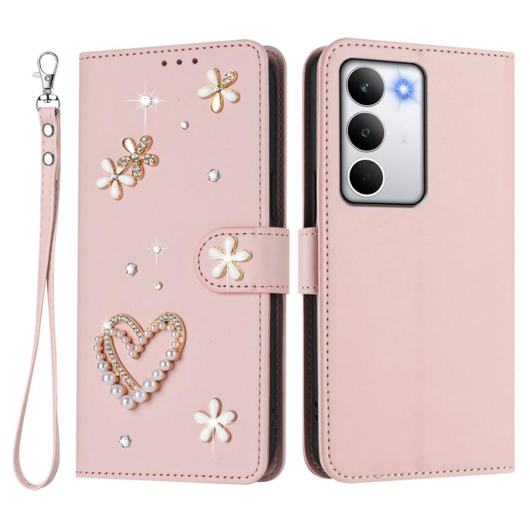 For Realme C71 4G Global ZS01 Double-Layer Heart Floral Vegan Leather Phone Case with Wrist Strap