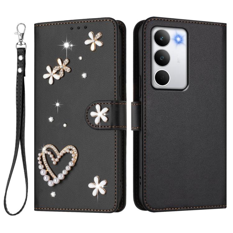 For Realme C71 4G Global ZS01 Double-Layer Heart Floral Vegan Leather Phone Case with Wrist Strap