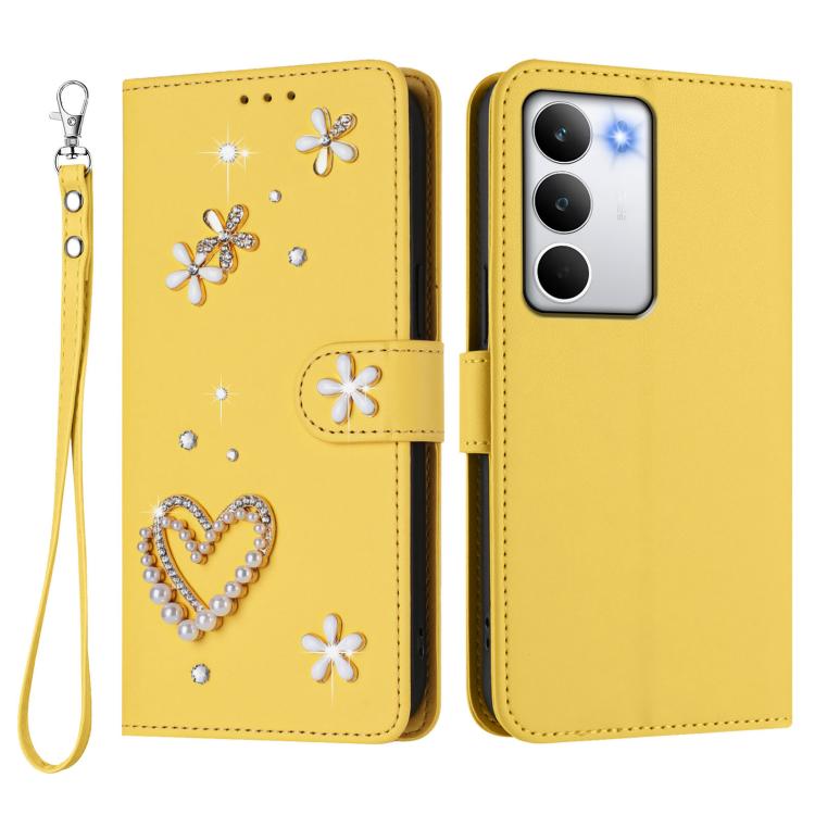 For Realme C71 4G Global ZS01 Double-Layer Heart Floral Vegan Leather Phone Case with Wrist Strap