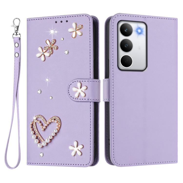 For Realme C71 4G Global ZS01 Double-Layer Heart Floral Vegan Leather Phone Case with Wrist Strap