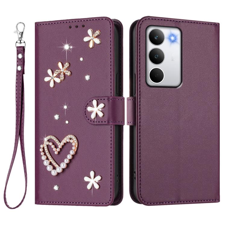 For Realme C71 4G Global ZS01 Double-Layer Heart Floral Vegan Leather Phone Case with Wrist Strap