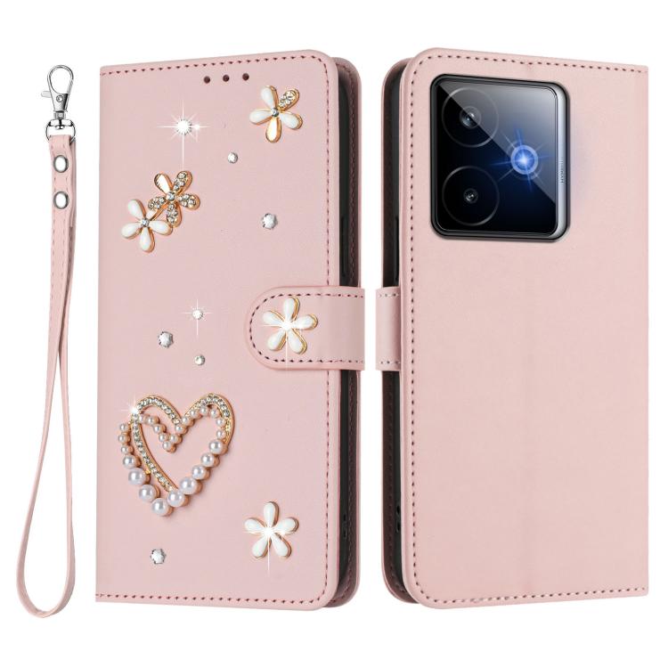 For Realme GT 7 5G Global / GT 7 5G India ZS01 Double-Layer Heart Floral Vegan Leather Phone Case with Wrist Strap