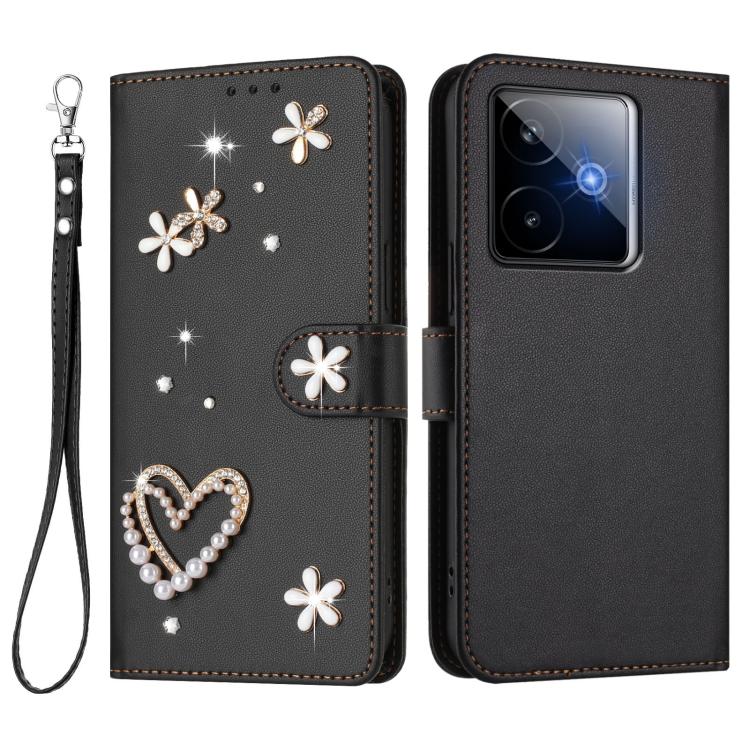 For Realme GT 7 5G Global / GT 7 5G India ZS01 Double-Layer Heart Floral Vegan Leather Phone Case with Wrist Strap