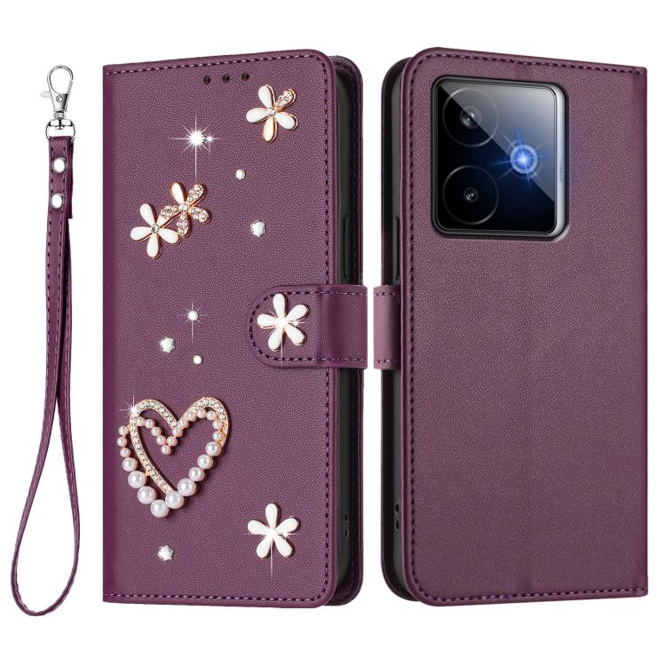 For Realme GT 7 5G Global / GT 7 5G India ZS01 Double-Layer Heart Floral Vegan Leather Phone Case with Wrist Strap