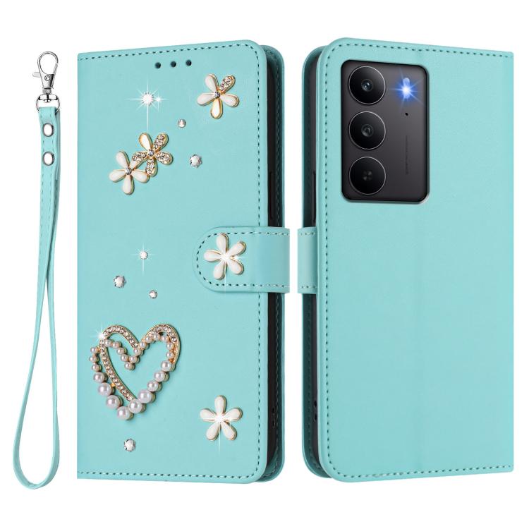 For Realme C75 4G Global / Narzo 80x 5G ZS01 Double-Layer Heart Floral Vegan Leather Phone Case with Wrist Strap