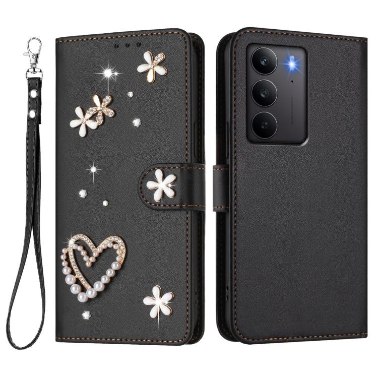 For Realme C75 4G Global / Narzo 80x 5G ZS01 Double-Layer Heart Floral Vegan Leather Phone Case with Wrist Strap