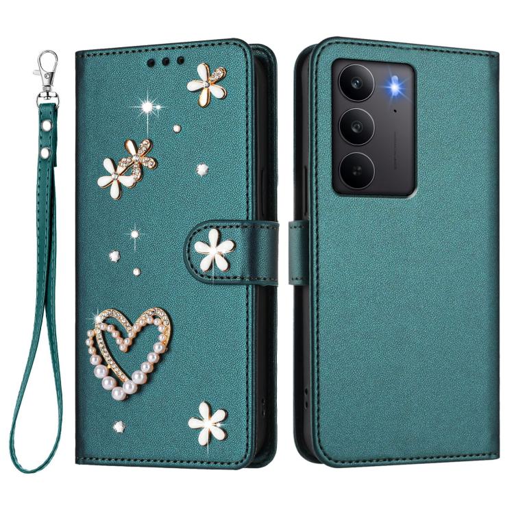 For Realme C75 4G Global / Narzo 80x 5G ZS01 Double-Layer Heart Floral Vegan Leather Phone Case with Wrist Strap