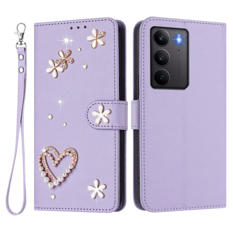 For Realme C75 4G Global / Narzo 80x 5G ZS01 Double-Layer Heart Floral Vegan Leather Phone Case with Wrist Strap