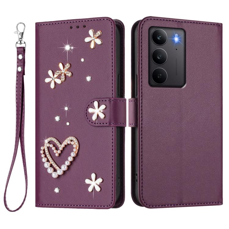 For Realme C75 4G Global / Narzo 80x 5G ZS01 Double-Layer Heart Floral Vegan Leather Phone Case with Wrist Strap