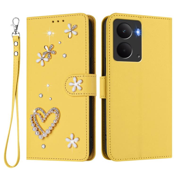 For Realme 14 5G Global / P3 5G India ZS01 Double-Layer Heart Floral Vegan Leather Phone Case with Wrist Strap