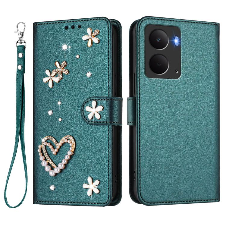 For Realme 14 5G Global / P3 5G India ZS01 Double-Layer Heart Floral Vegan Leather Phone Case with Wrist Strap