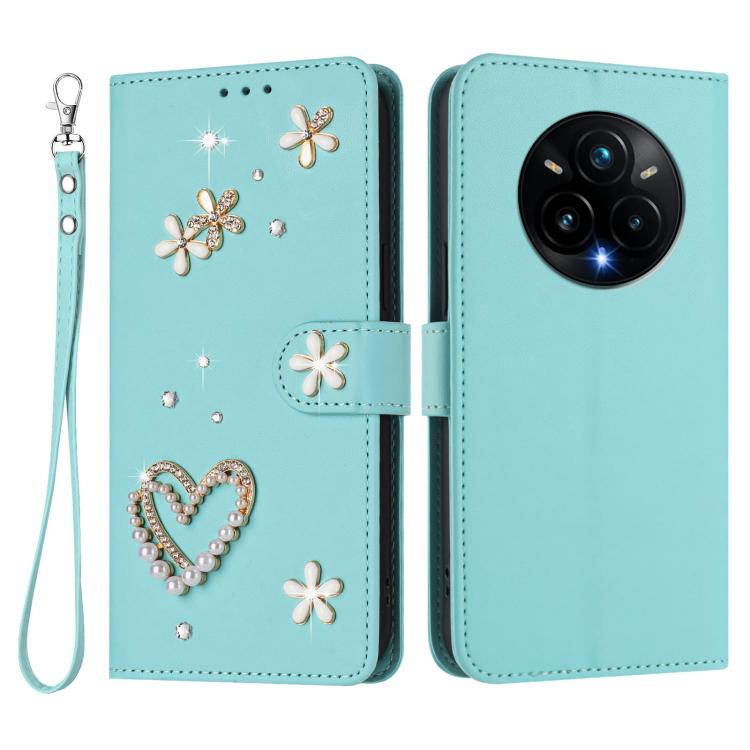 For Realme 14 Pro+ 5G ZS01 Double-Layer Heart Floral Vegan Leather Phone Case with Wrist Strap