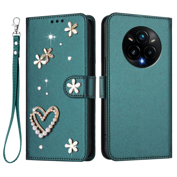 For Realme 14 Pro+ 5G ZS01 Double-Layer Heart Floral Vegan Leather Phone Case with Wrist Strap