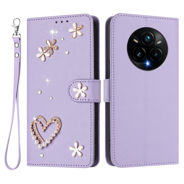 For Realme 14 Pro+ 5G ZS01 Double-Layer Heart Floral Vegan Leather Phone Case with Wrist Strap
