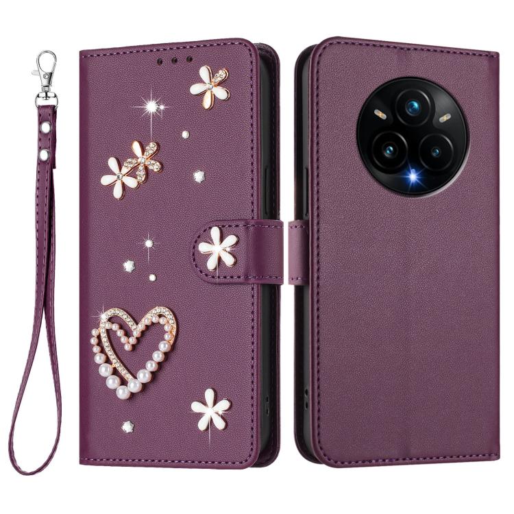 For Realme 14 Pro+ 5G ZS01 Double-Layer Heart Floral Vegan Leather Phone Case with Wrist Strap