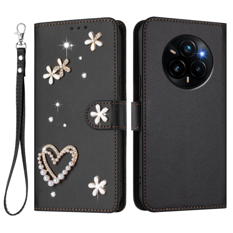 For Realme 14 Pro+ 5G Global ZS01 Double-Layer Heart Floral Vegan Leather Phone Case with Wrist Strap