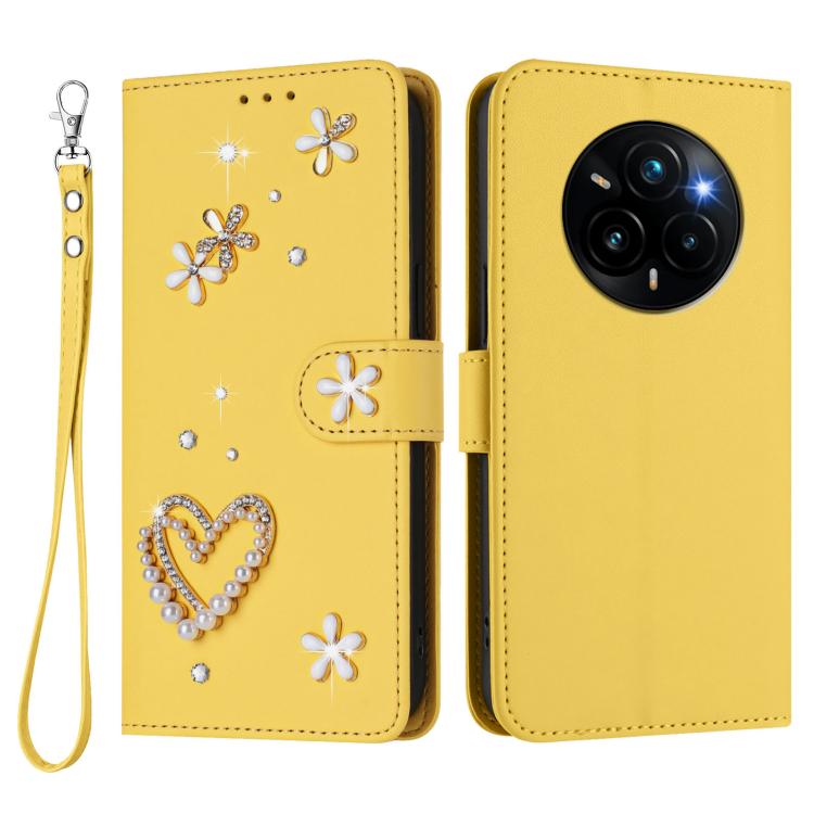 For Realme 14 Pro+ 5G Global ZS01 Double-Layer Heart Floral Vegan Leather Phone Case with Wrist Strap