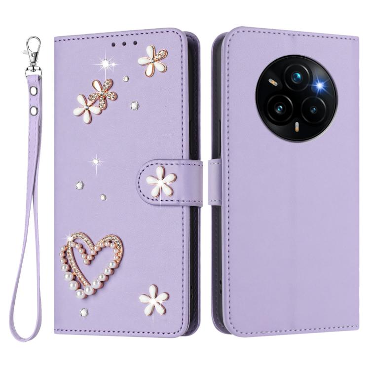 For Realme 14 Pro+ 5G Global ZS01 Double-Layer Heart Floral Vegan Leather Phone Case with Wrist Strap