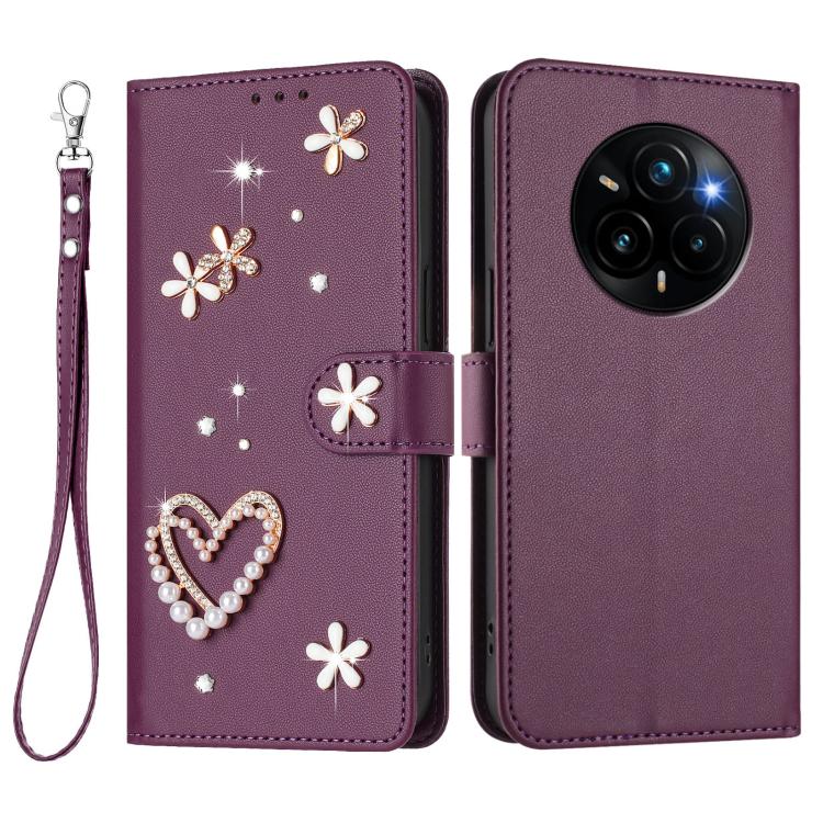 For Realme 14 Pro+ 5G Global ZS01 Double-Layer Heart Floral Vegan Leather Phone Case with Wrist Strap