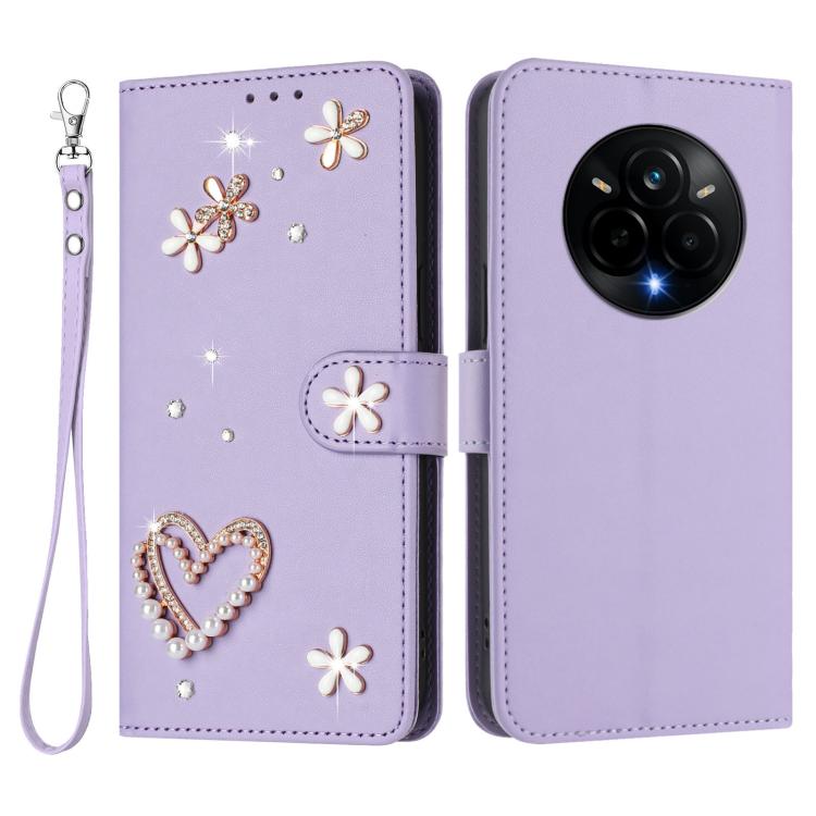 For Realme 14 Pro 5G India ZS01 Double-Layer Heart Floral Vegan Leather Phone Case with Wrist Strap