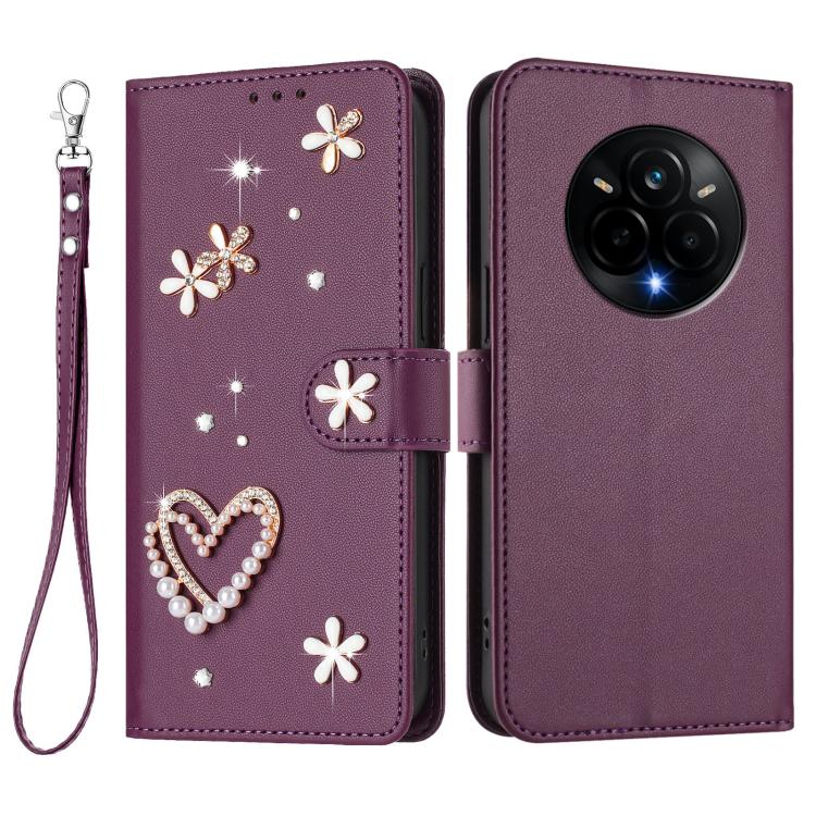 For Realme 14 Pro 5G India ZS01 Double-Layer Heart Floral Vegan Leather Phone Case with Wrist Strap