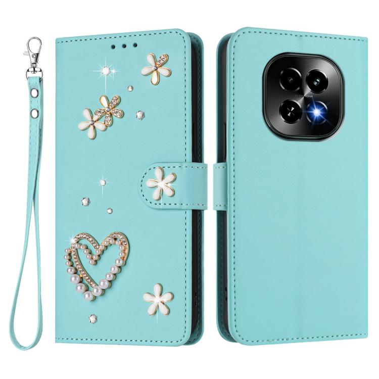 For Realme C63 5G Global ZS01 Double-Layer Heart Floral Vegan Leather Phone Case with Wrist Strap