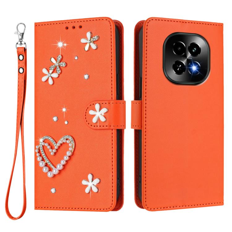 For Realme C63 5G Global ZS01 Double-Layer Heart Floral Vegan Leather Phone Case with Wrist Strap