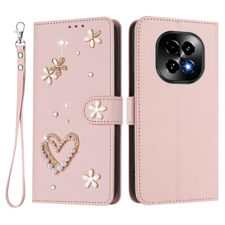 For Realme C63 5G Global ZS01 Double-Layer Heart Floral Vegan Leather Phone Case with Wrist Strap