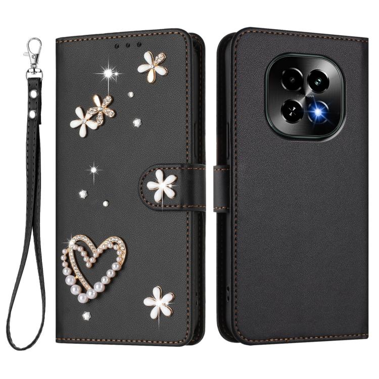 For Realme C63 5G Global ZS01 Double-Layer Heart Floral Vegan Leather Phone Case with Wrist Strap