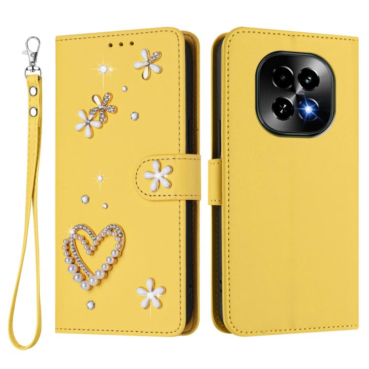 For Realme C63 5G Global ZS01 Double-Layer Heart Floral Vegan Leather Phone Case with Wrist Strap
