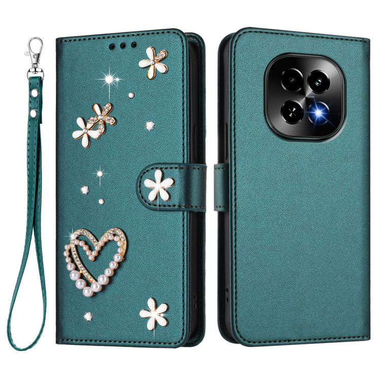 For Realme C63 5G Global ZS01 Double-Layer Heart Floral Vegan Leather Phone Case with Wrist Strap