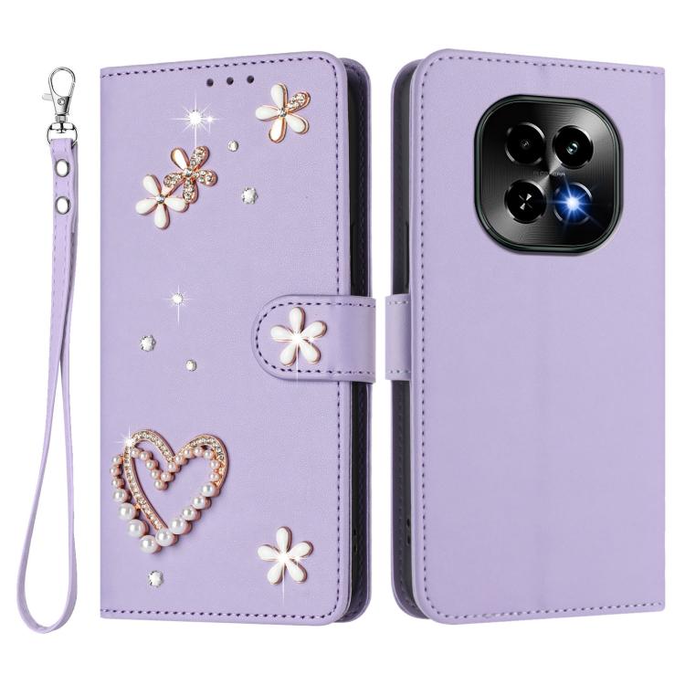 For Realme C63 5G Global ZS01 Double-Layer Heart Floral Vegan Leather Phone Case with Wrist Strap