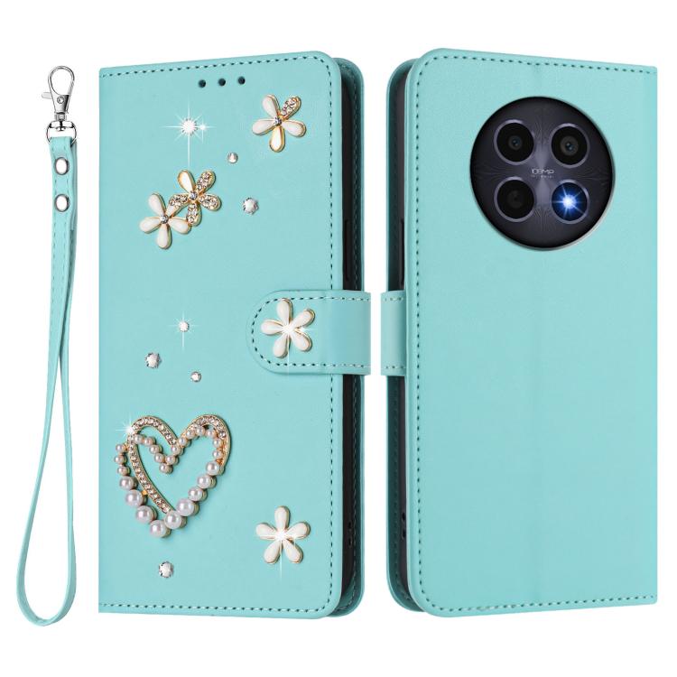 For Realme 12 5G Global / 13 5G Global ZS01 Double-Layer Heart Floral Vegan Leather Phone Case with Wrist Strap