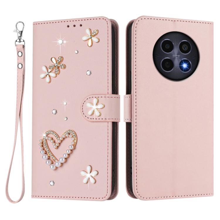 For Realme 12 5G Global / 13 5G Global ZS01 Double-Layer Heart Floral Vegan Leather Phone Case with Wrist Strap