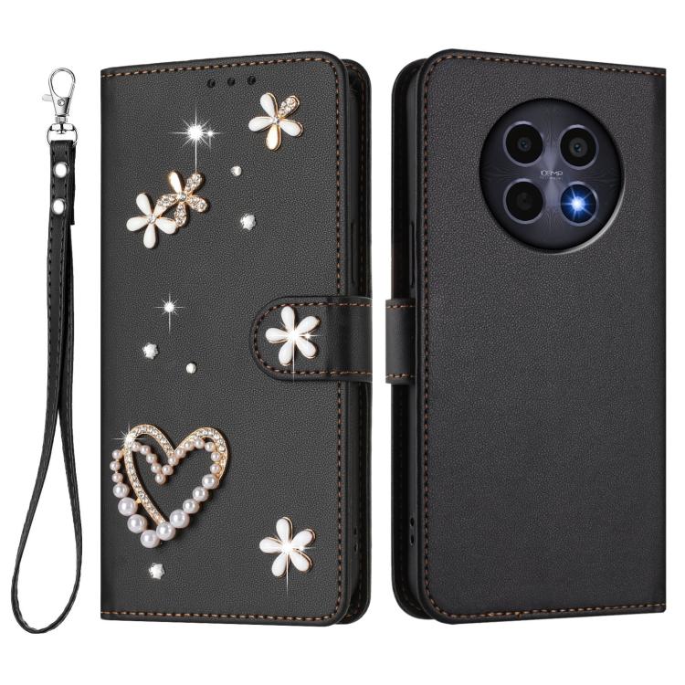 For Realme 12 5G Global / 13 5G Global ZS01 Double-Layer Heart Floral Vegan Leather Phone Case with Wrist Strap