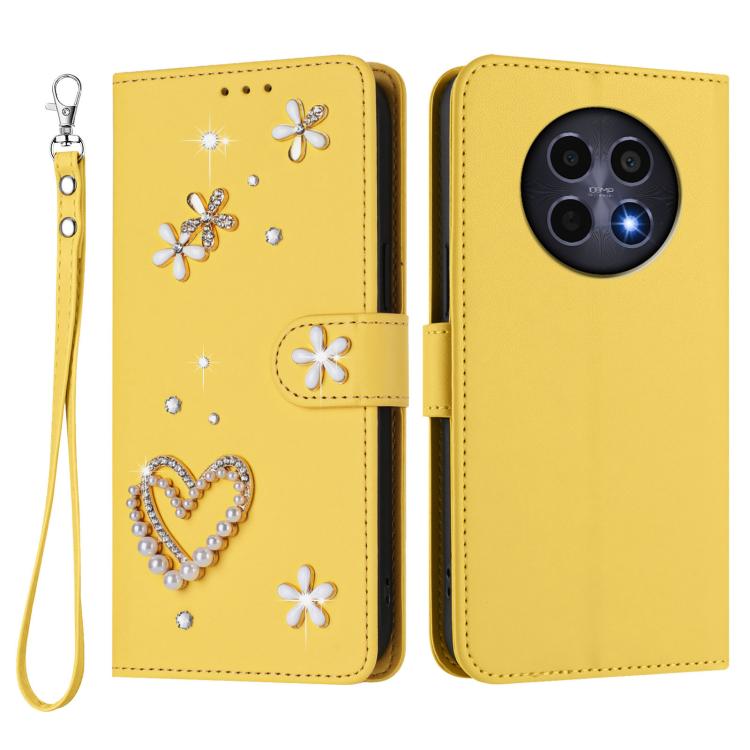 For Realme 12 5G Global / 13 5G Global ZS01 Double-Layer Heart Floral Vegan Leather Phone Case with Wrist Strap