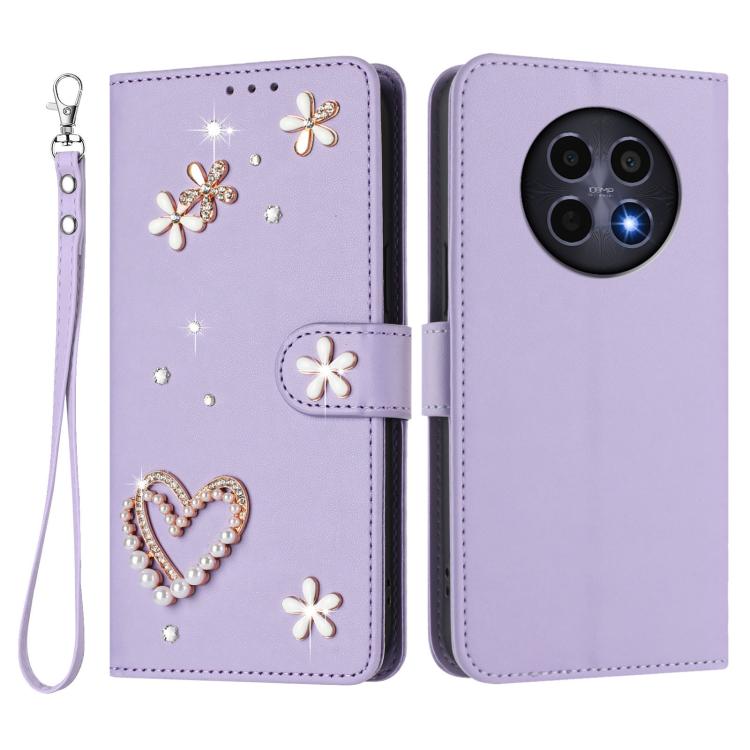 For Realme 12 5G Global / 13 5G Global ZS01 Double-Layer Heart Floral Vegan Leather Phone Case with Wrist Strap